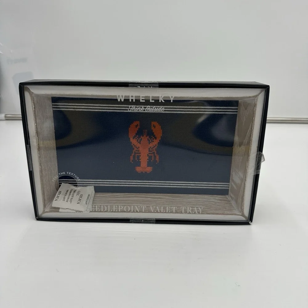 Whelky Navy Needlepoint Valet Tray Orange Lobster Nautical Wood Jewelry Tray NEW